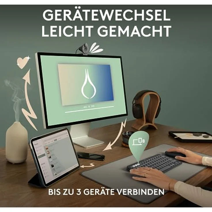 Logitech Pebble Keys 2 K380s, kabellose Multi-Device Bluetooth-Tastatur mit anpassbaren Sondertasten, schlank, mobil, Easy-Switch - Windows, macOS, iPadOS, Android, ChromeOS, Deutsches QWERTZ,Graphit – Bild 3