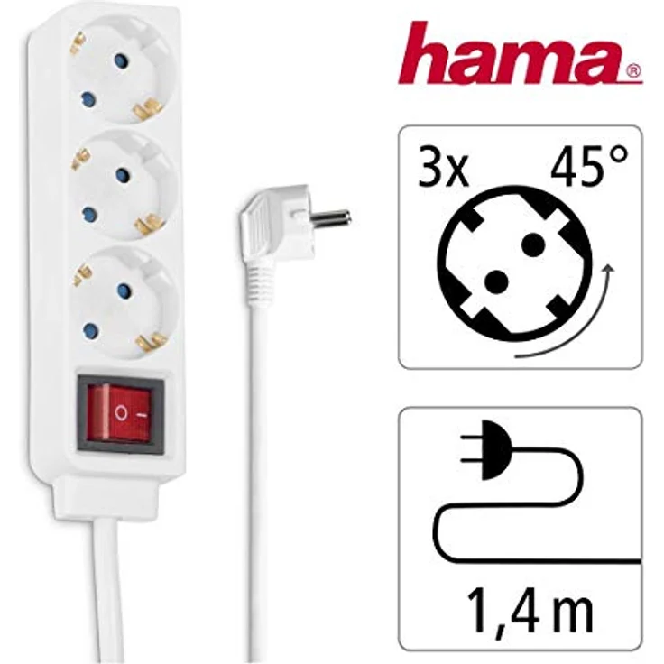 Hama Steckdosenleiste 3-fach (Mehrfachsteckdose mit 1,4m Kabel, inkl. Kippschalter, erhöhter Berührungsschutz, Steckplätze um 45 Grad gedreht, Steckerleiste GS geprüft, max. 3500 W) weiß – Bild 2