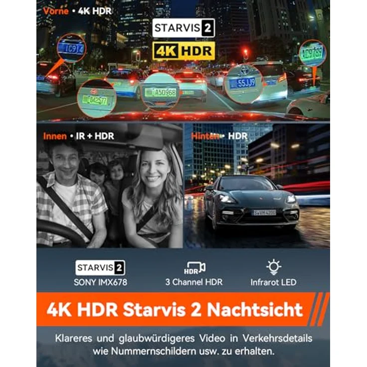 VANTRUE N4 Pro Dashcam Auto 4K HDR + 1080P HDR+ 1080P HDR, STARVIS 2 Dash Cam 5GHz WiFi, Sprachbefehl Auto Kamera 3 Lens Puffer Parküberwachung Sternenlicht Infrarot Nachtsicht, GPS, 2.45”Max 512GB – Bild 3