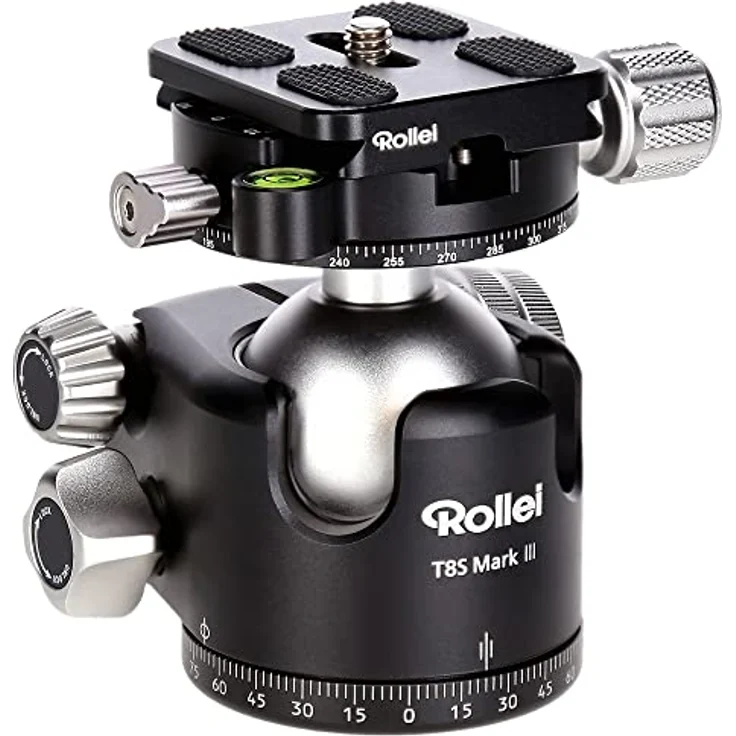 Rollei T8S Markt II professioneller 360 Grad Kamera Stativ Kugelkopf mit Friktion, 22KG Tragkraft, Skalierung f. Panorama Aufnahmen und 2 Wasserwaagen.Inkl. Acra Swiss kompatibler Schnellwechselplatte – Bild 4