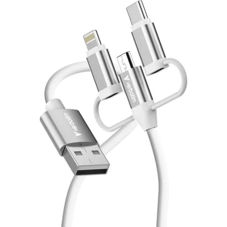 Verbatim USB-Kabel Essentials 3in1, USB 2.0, USB-A/USB-B/C & Lightning, 480Mbit/s, 18W QC, TPE, weiss, 1,0m – Bild 1