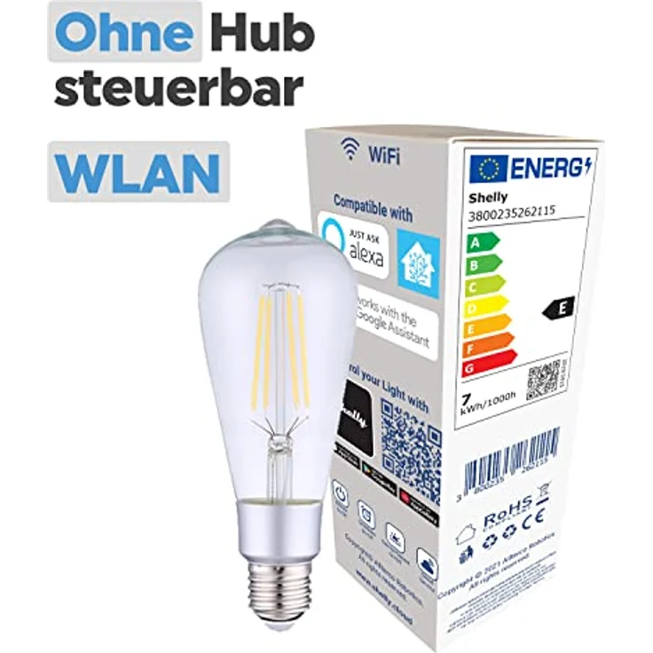 Shelly Vintage ST64 Smart Home Glühbirne dimmbar E27, Digitale Fernbedienung der Retro Glühlampe per App & WLAN, Kompatibel mit Alexa & Google Home, Wifi, 7W, 110V & 220V, Energiesparend, Warmweiß – Bild 3