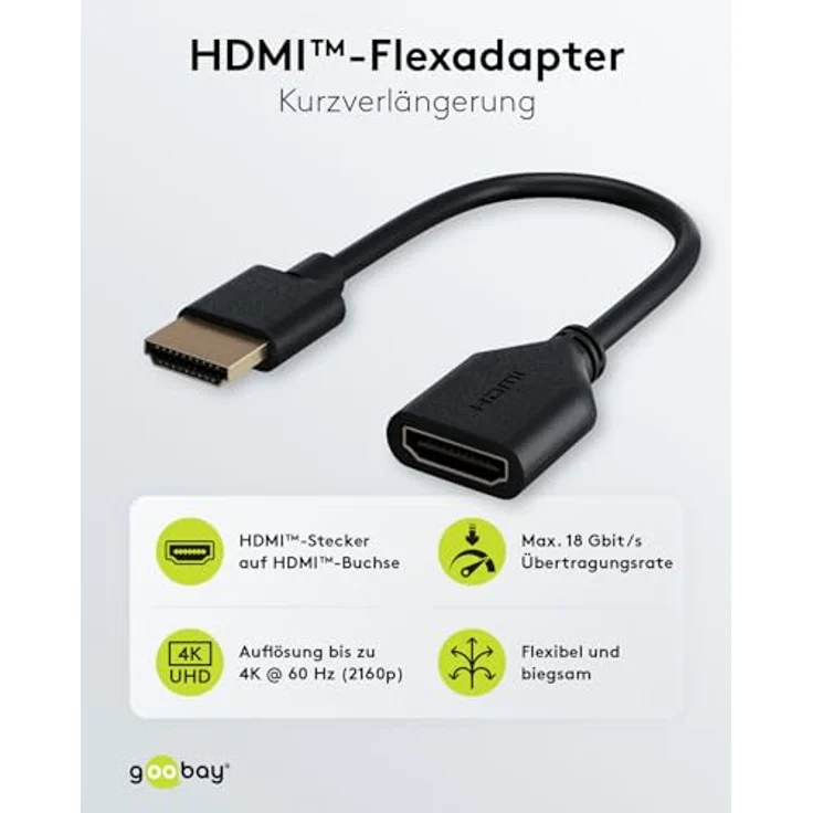 goobay 64824 HDMI Flexadapter 4K @ 60Hz / Erweiterung für HDMI Kabel/HDMI Verlängerung/Verlängerungskabel HDMI Stecker/Flexibel und biegsam/Für Monitore, PS5, Xbox, Apple TV/schwarz / 10cm – Bild 2