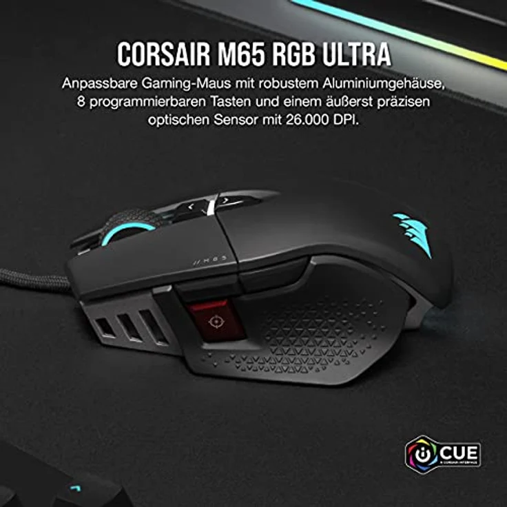 Corsair M65 RGB ULTRA, Anpassbare FPS Gaming-Maus (Optischer CORSAIR MARKSMAN-Sensor 26.000 dpi, Optische OMRON-Schalter, CORSAIR AXON Hyper-Processing-Technologie, Sensor-Fusion-Steuerung) Schwarz – Bild 2