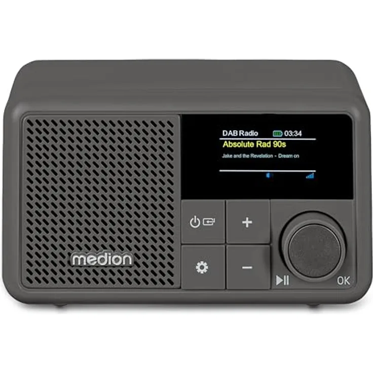 MEDION S66822 Tragbares Mini DAB+ Radio mit Bluetooth (Akku, dimmbares Farbdisplay, Teleskopantenne, Sleeptimer, Wecker, Snooze, AUX, USB-C) grau