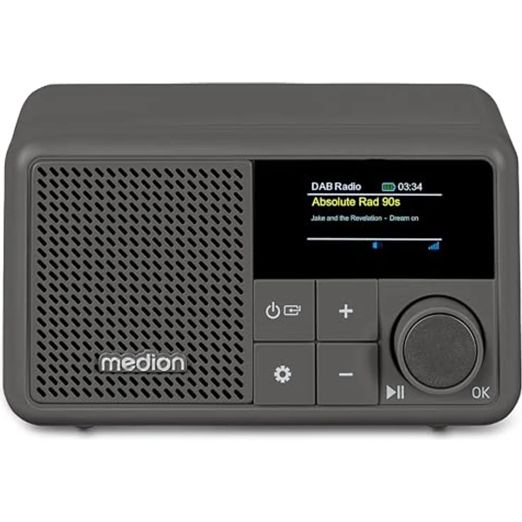 MEDION S66822 Tragbares Mini DAB+ Radio mit Bluetooth (Akku, dimmbares Farbdisplay, Teleskopantenne, Sleeptimer, Wecker, Snooze, AUX, USB-C) grau – Bild 1