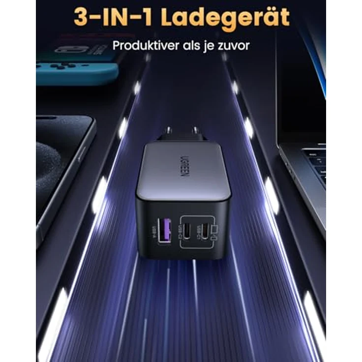 UGREEN USB-A+2xUSB-C 65W GaN Tech Fast Wall Charger EU Black – Bild 4