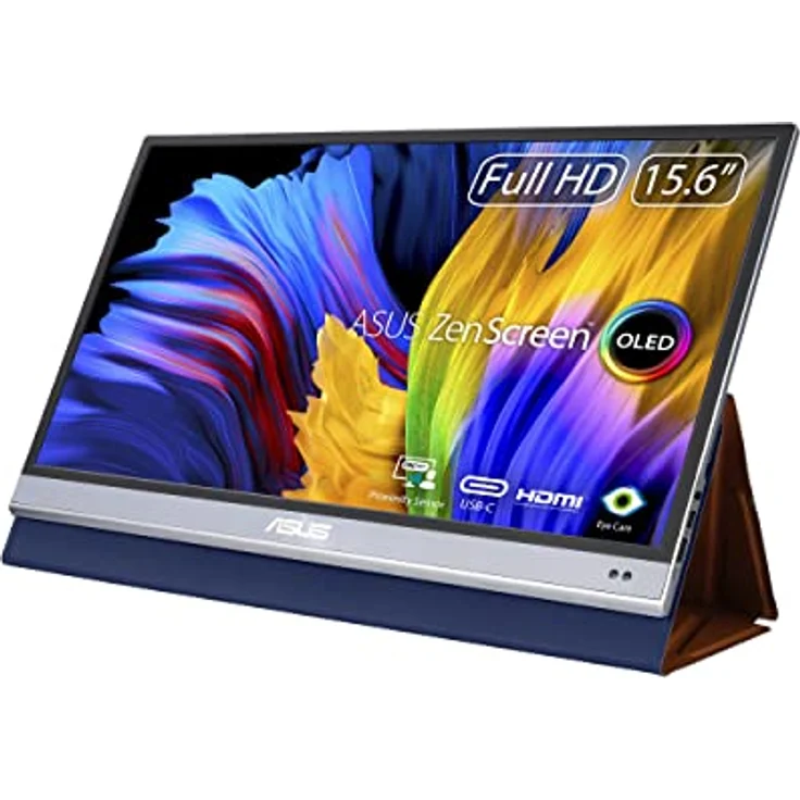 ASUS ZenScreen OLED MQ16AH | 15,6 Zoll tragbarer USB Monitor | 100% DCI-P3, Full HD 1920x1080, 16:9, 1ms, HDR 10 | 650g leicht, Typ-C USB, Mini HDMI, Autorotation, Smartcase, Stativ Sockel, glänzend – Bild 1