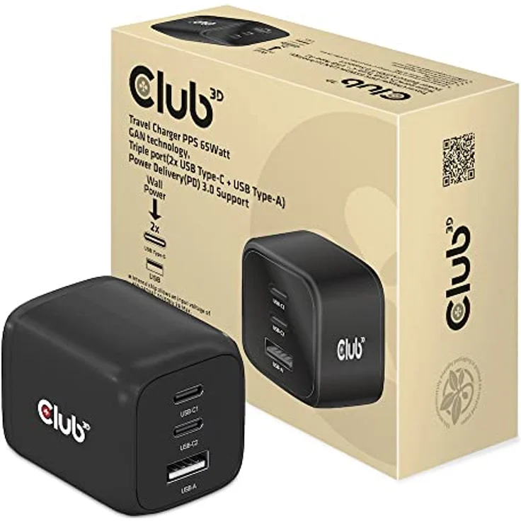 Club 3D CAC-1913 Reiseladegerät, 2x USB Typ C, 1x USB Typ A, PD 65W, Schwarz – Bild 1