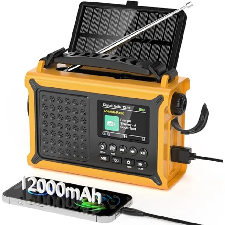 Mesqool DAB/DAB+/UKW Digitalradio, tragbares Solar-Notfallradio mit Bluetooth 5.0, 2,4" Farbdisplay, 12000 mAh Akku, Leselampe, USB Handyladefunktion, Dual Wecker, SOS-Alarm für Outdoor