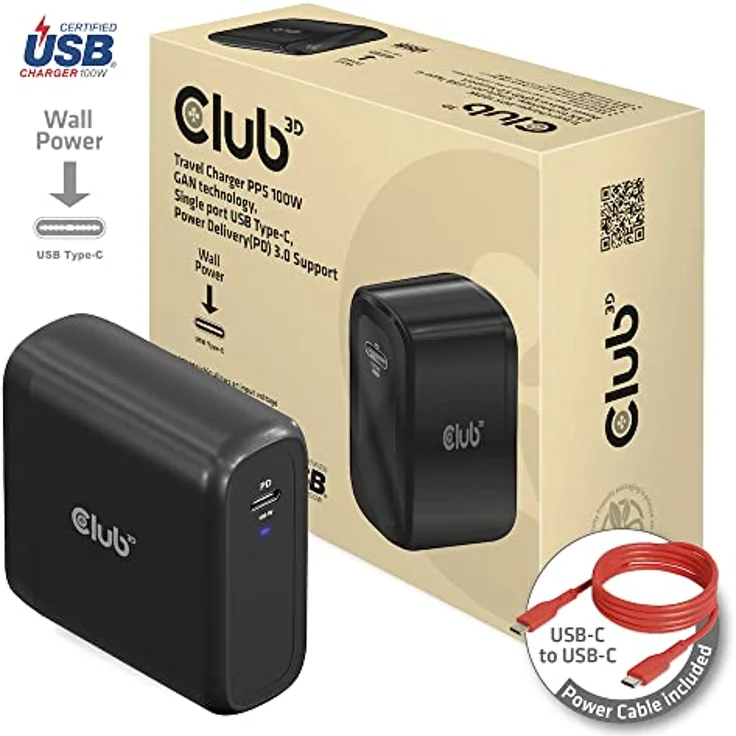 Club 3D CAC-1908EU Reiseladegerät 100 Watt GAN-Technologie, USB-IF TID-Zertifiziert, Einzelanschluss USB Typ-C, PD 3.0-Unterstützung – Bild 2