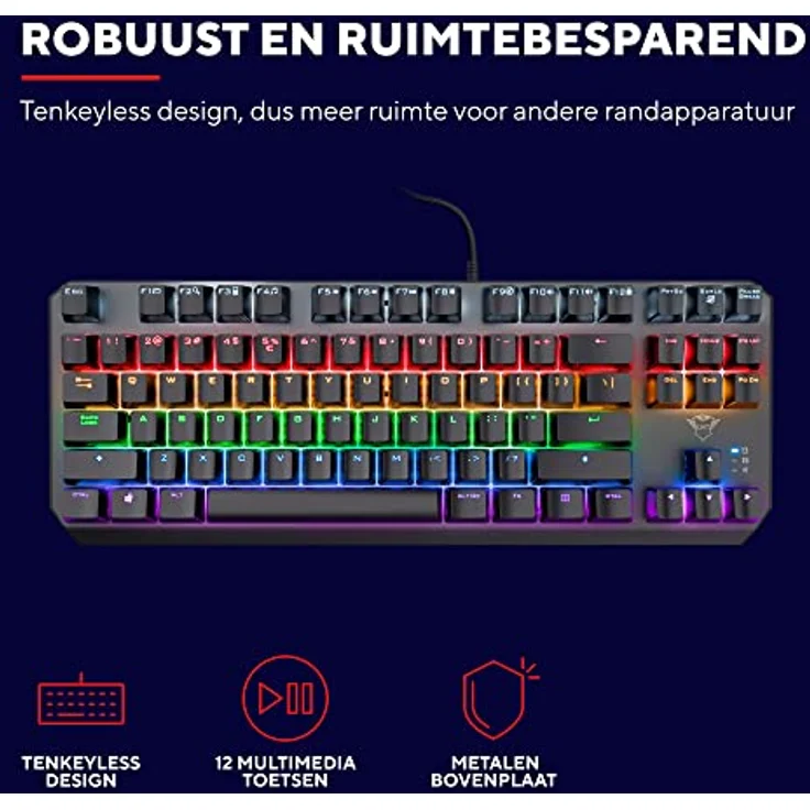 Trust Gaming GXT 834 Callaz TKL Mechanische Tastatur, US/NL QWERTY Layout, Outemu-Schalter, Mehrfarbige LED-Beleuchtung, 12 Media-Tasten, USB Gaming Tastatur 80 Prozent für PC, Laptop, Mac – Bild 3