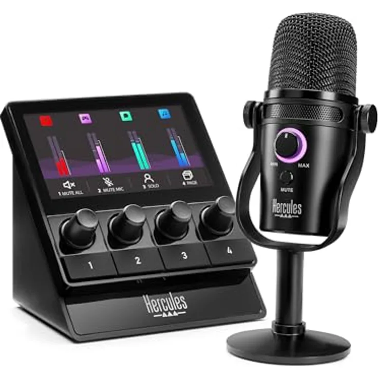 Hercules Stream Starter Kit – Audio-Set zum Streamen mit Stream 100 Controller, HUD-600 USB-Mikrofon & 3 Monate Voicemod Pro, High-Brightness-LCD-Display, 4 dynamische VU-Meter, 8 zuweisbare Aktionstasten