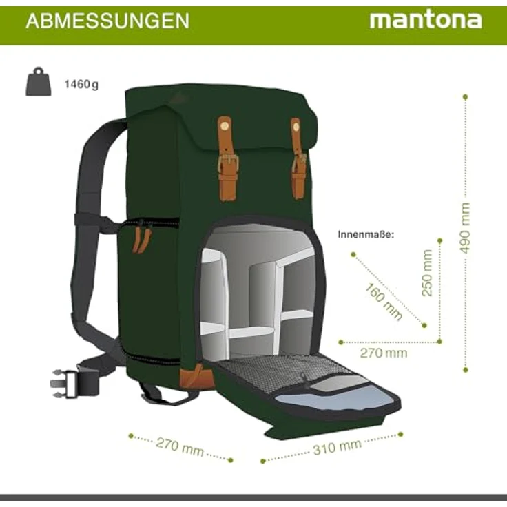 Mantona Luis Retro Fotorucksack (mit Echtleder-Applikationen, inkl. Regenschutzhülle, flexible Einteilung und Laptopfach, geeignet für 1x DSLR-Kamera, 3x Objektive und diverses Fotozubehör) grün – Bild 6