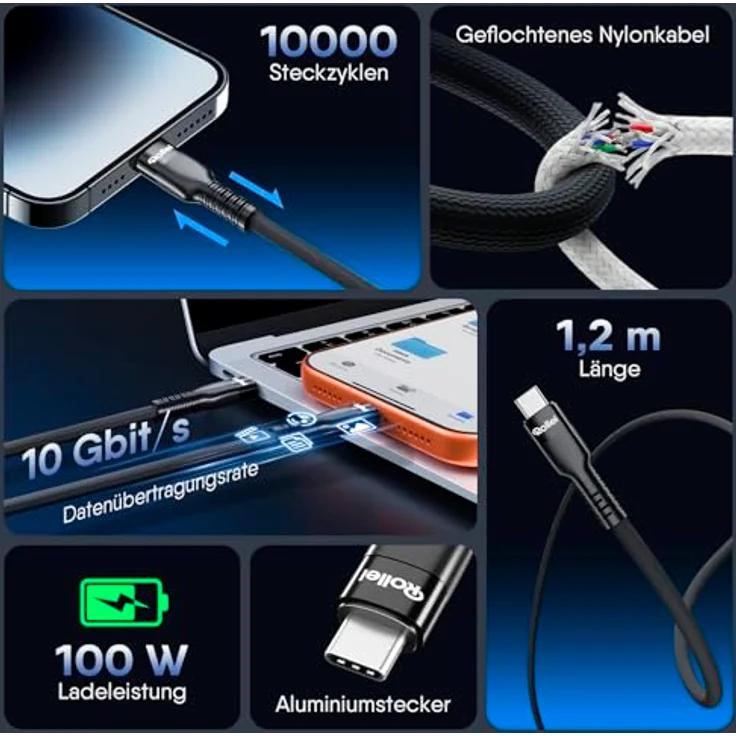 Rollei USB C Kabel 100W, USB C auf USB C PD Schnellladekabel, 10 Gbps Datenrate, geflochtenes Nylonkabel, 1,2 m, kompatibel mit iPhone 17/16/15 Pro Max, Samsung Galaxy S25/S24, MacBook Air/Pro – Bild 2