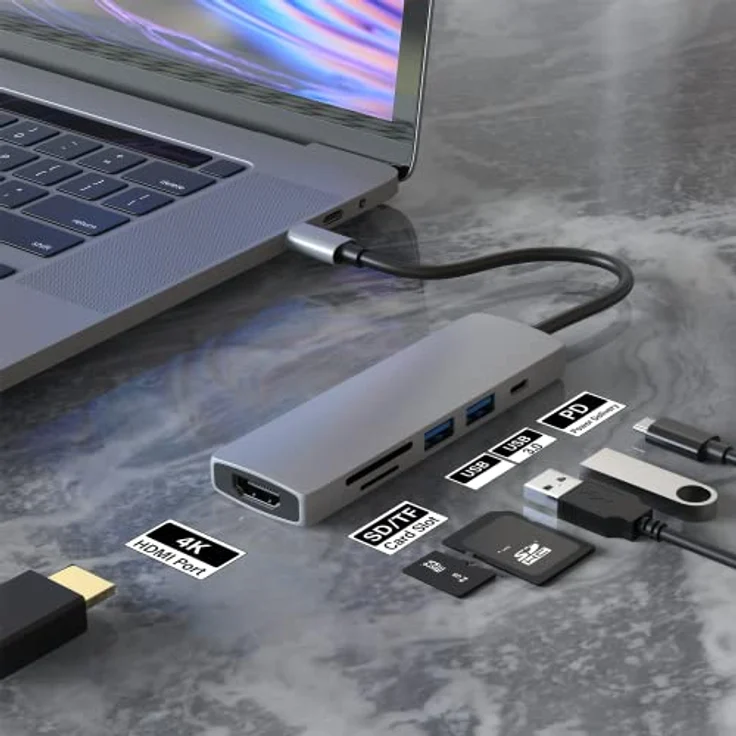 Redstar24 USB C HUB 6 in 1 Adapter Multiport USB C mit HDMI 4K, USB 3.0, SD/TF Kartenleser Micro SD 55W PD | kompatibel für TV MacBook Pro, Air, iPad Pro, Samsung | Laptop und mehr Typ C Geräte – Bild 2