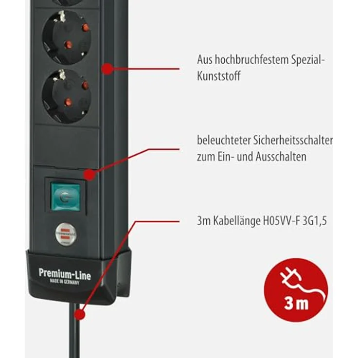 Brennenstuhl Premium-Line Steckdosenleiste 6-fach mit USB C PD 30W und USB A 18W (Schwarz, Made in Germany, 3m Kabel, Wandmontage) – Bild 3