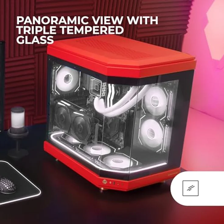 Mars Gaming MC-3T, Midi Tower PC Gehäuse in Rot, ATX/micro ATX/Mini-ITX, drei gehärtete Glasplatten, optimiertes Kühlsystem – Bild 2