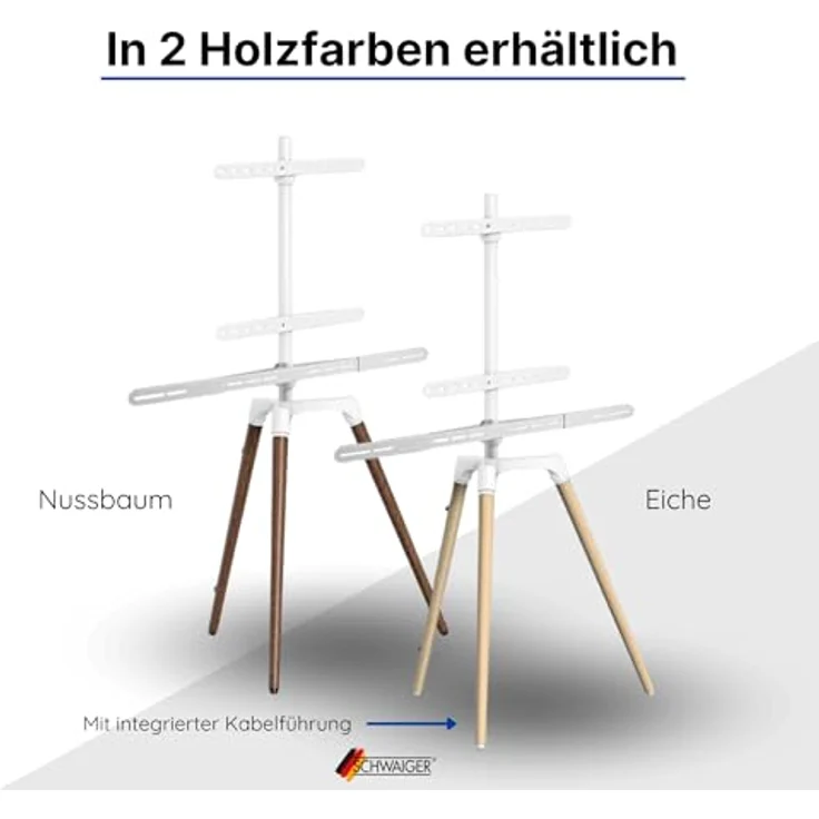 SCHWAIGER 658217 TV Ständer Staffelei Holz Bodenstativ Halterung für Flachbildschirme bis 65 Zoll max. 35kg mit Soundbarhalter weiß/Nussbaum echtes Holz Luxus Premium – Bild 4