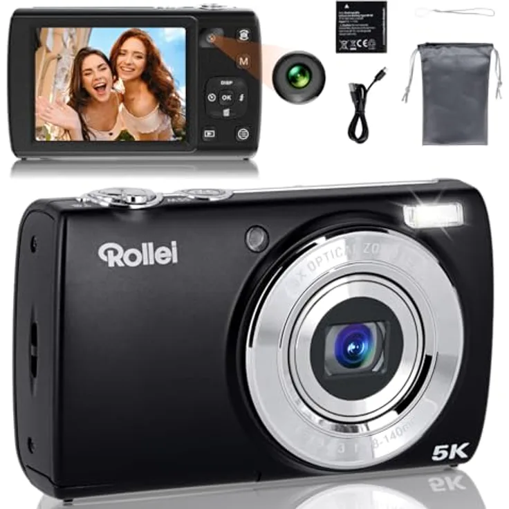 Rollei Powerflex Compact Digitalkamera, 64MP 5K Fotoapparat mit Dual-Kamera, 5x Digitalzoom, 2,8" Touch-Display, tragbar, schwarz