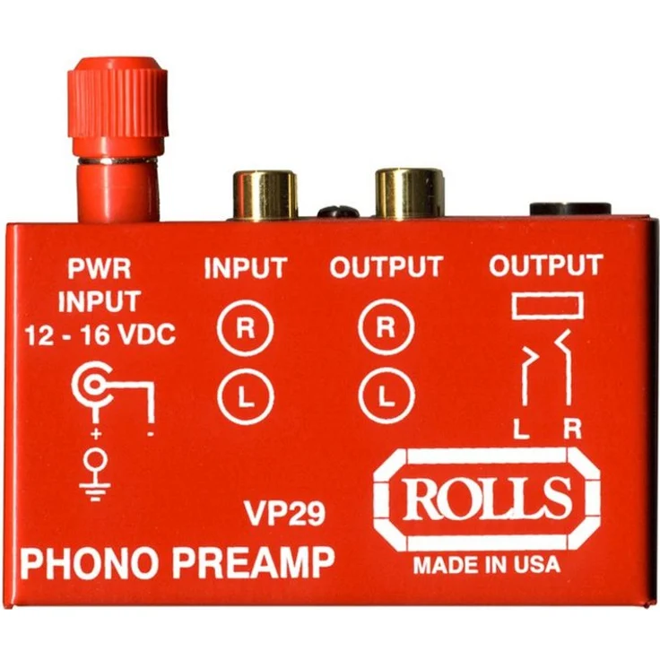 Rolls VP-29 Phono Vorverstärker, vergoldete Cinch-Ein- und Ausgänge, 3,6 mm TRS-Klinkenausgang, Farbe Rot