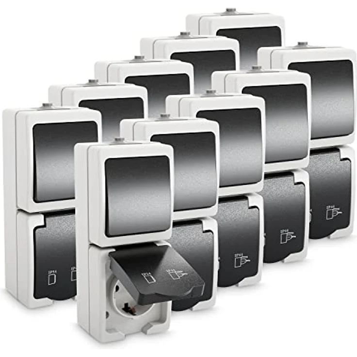 ABSINA greate 10x Aufputz Schalter Steckdose Kombination mit IP44 für Feuchtraum - Wechselschalter 250V & 16A, grau – Bild 1