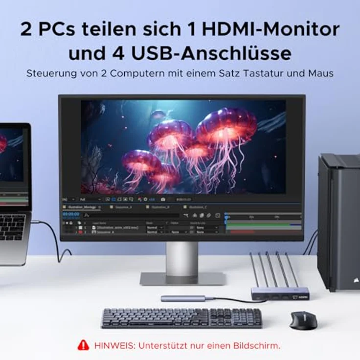 UGREEN USB C KVM Switch 4K60Hz, 2 PC 1 Monitor, 4 USB 3.0 Ports, EDID Verwaltung, Aluminium Gehäuse – Bild 5