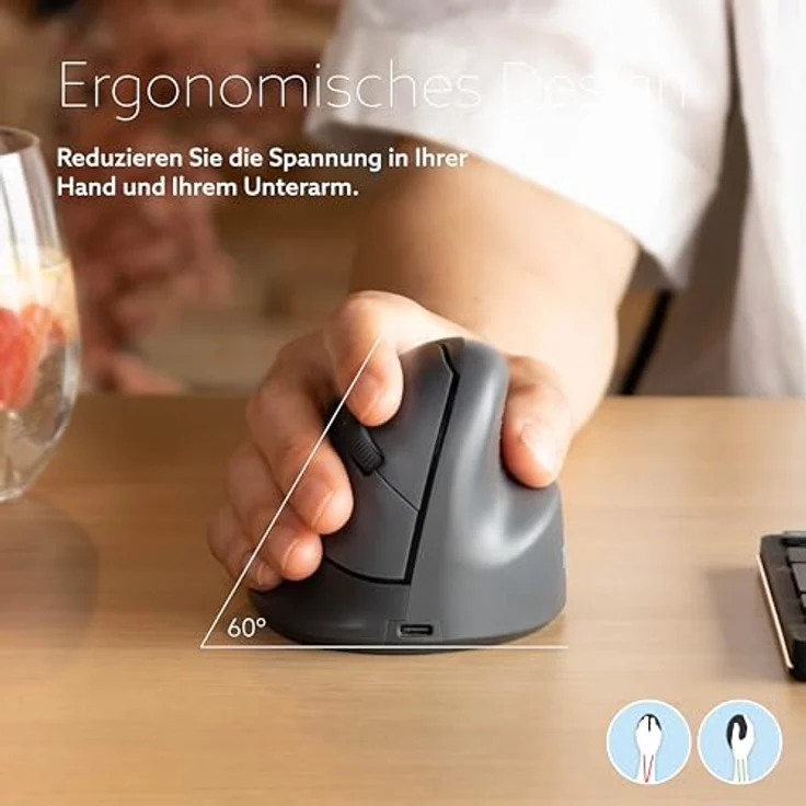 R-Go HE Basic Ergonomische Maus, Bluetooth 5.0, Wiederaufladbar, Vertikale Ergo Maus, 1600 DPI, Schwarz – Bild 2