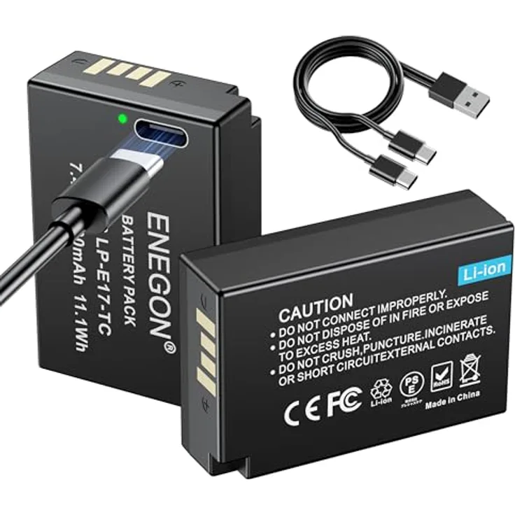 ENEGON LP-E17 Typ C Ladegerät, 2x 1500 mAh Akku für Canon Rebel SL2, T6i, T7i, EOS R10, R8, RP, M3, M5, M6, 200D, 250D, 77D, 750D, 800D, mit Schutzfunktionen