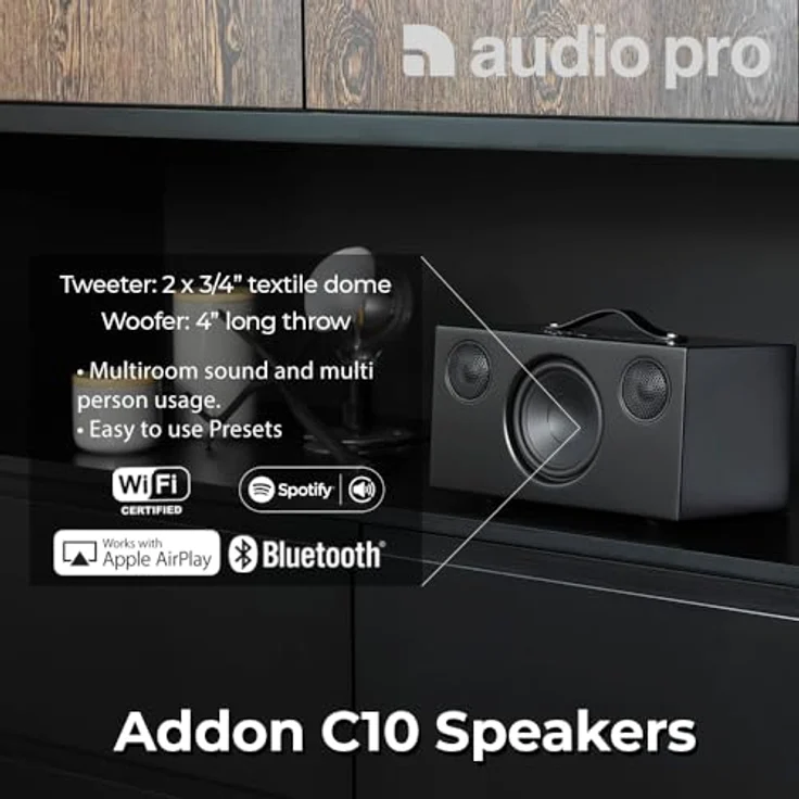 Audio Pro Addon C10 Lautsprecher (80 Watt, Multiroom, Stereo, Airplay, WLAN, Bluetooth, Musik Apps (Spotify, Tidal, Deezer), Tunein Internetradio, App) Schwarz – Bild 4