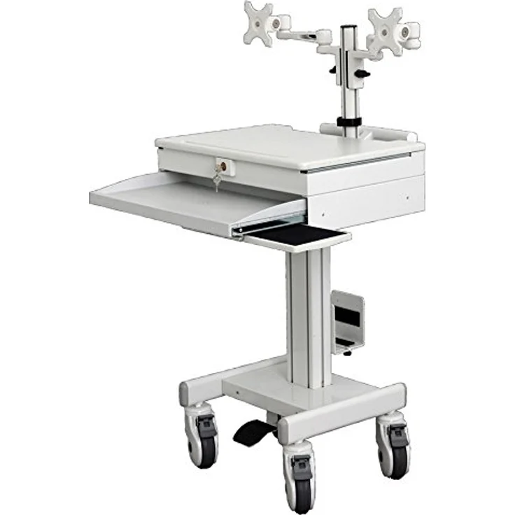 Roline Höhenverstellbare Monitor Halterung, mobile Arbeitsstation für zwei Monitore, weiß, VESA 75/100, inkl. ausziehbarer Tastaturablage und Rollen – Bild 2