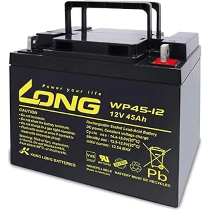 Kung Long Blei-Akkumulator WP45-12, 12 V-/45 Ah - VdS-geprüfter, wartungsfreier Blei-Akku