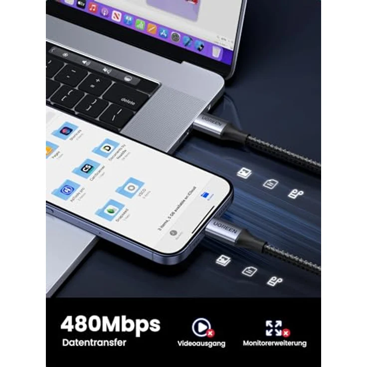 Ugreen USB-C zu USB-C Ladekabel, Power Delivery 240W 5A, 2m, Grau (Modell: 90440 US535) – Bild 4