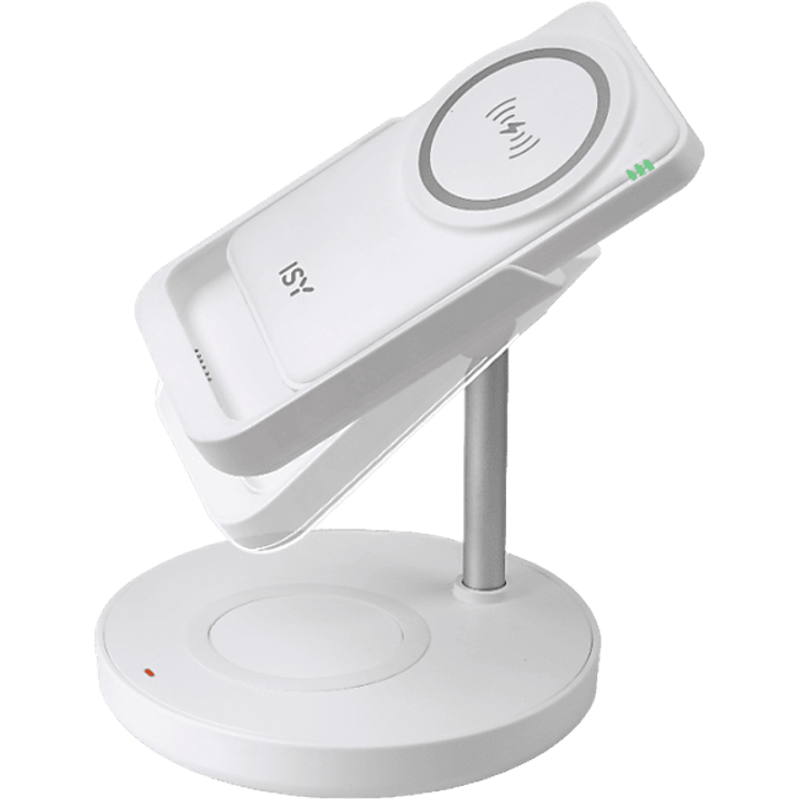 ISY IMC-5210, 2-in-1 kabellose Powerbank mit 5.000 mAh, MagSafe-kompatibel, verstellbarer Winkel, Weiß