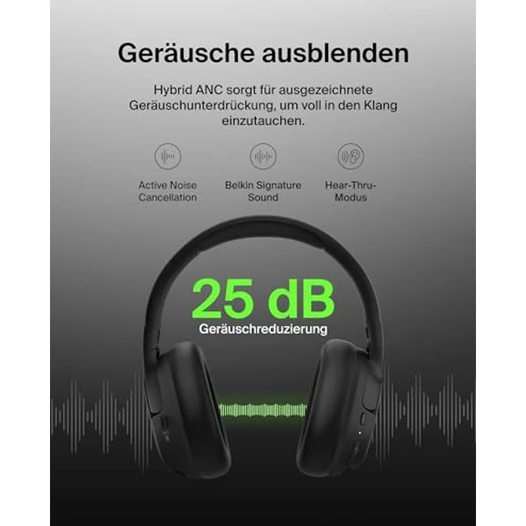 Belkin SoundForm Isolate Noise Cancelling Kopfhörer kabellos Bluetooth Kopfhörer, Headset mit Mikrofon, Over-Ear-Kopfhörer mit 60 Stunden Wiedergabe, tiefer Bass, CloudCushion Hörmuscheln – Schwarz – Bild 2