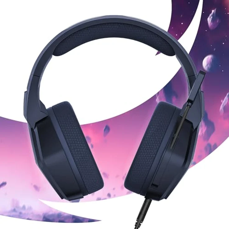 Oniverse Nebula Gaming-Headset PS5 PS4 Switch 2 Xbox PC Mac, 50 mm Lautsprecher, verstellbares Mikrofon, LED, atmungsaktive Stoffpolster, kabelgebunden, Blau – Bild 2