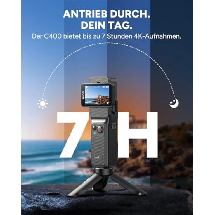 SJCAM C400 Actionkamera 4K, 7 Stunden Akkulaufzeit, 6-Achsen-Stabilisierung, dualer Touchscreen, 30m wasserdicht, Schwarz, inkl. 64GB Karte – Bild 4
