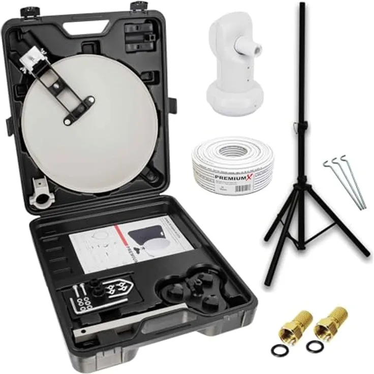 PremiumX Camping TV SAT Anlage, Wettergeschützte Satelliten-Schüssel mit Single LNB, 10m Class A Kabel, F-Stecker, Stabiler Koffer mit Camp Stativ