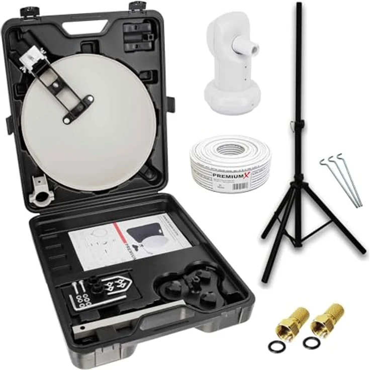 PremiumX Camping TV SAT Anlage, Wettergeschützte Satelliten-Schüssel mit Single LNB, 10m Class A Kabel, F-Stecker, Stabiler Koffer mit Camp Stativ – Bild 1