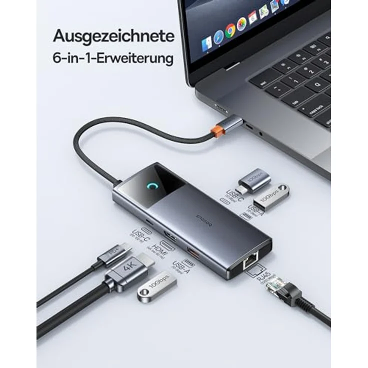 Baseus USB C Hub 10Gbps USB 3.2 Adapter mit LAN Ethernet, 4K@60Hz HDMI, 2 USB-A, USB-C, 100W PD, 6 in 1 Docking Station für iPhone 15, Laptop MacBook/Surface Pro/Dell/iPad/Steam Deck/Rog Ally/Samsung, in Silber – Bild 3