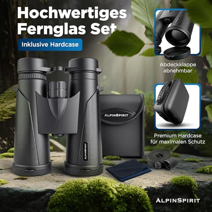 AlpinSpirit© Fernglas 8x42, Testsieger mit Hardcase & Zubehör, brillant für Brillenträger, wasserabweisend, FMC+BAK4, schwarz – Bild 2