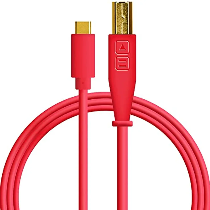 DJ TechTools Chroma Cable USB-C, Audio-optimiertes USB-C zu USB-B Kabel (geflochtene Abschirmung mit zwei Ferritkerndrosseln, Länge: 1.5m mit Klettverschluss), rot, 05-30127