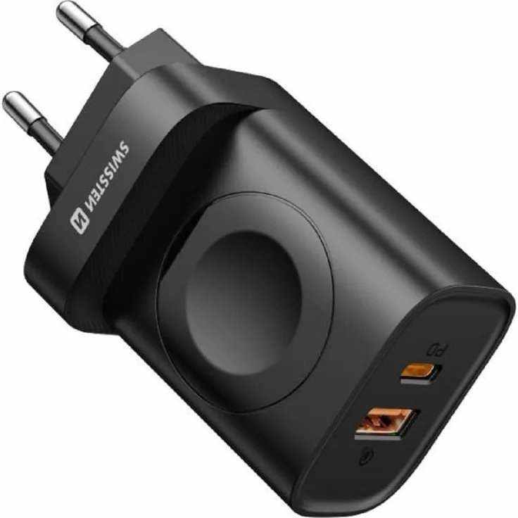 Swissten 22.5W USB Netzteil und Apple Watch Magnetmodul, Schwarz mit PD- und QC Schnellladetechnologien