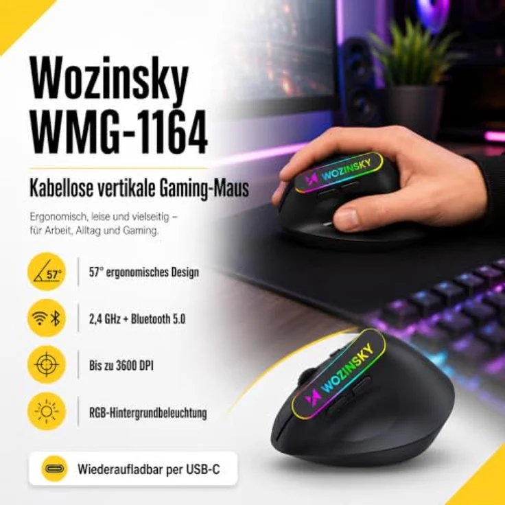Wozinsky WMG-1164 Gaming-Maus, kabellos mit 2,4 GHz & Bluetooth 5.0, ergonomisches 57° Vertikaldesign, 3600 DPI, RGB-Beleuchtung, schwarz – Bild 2