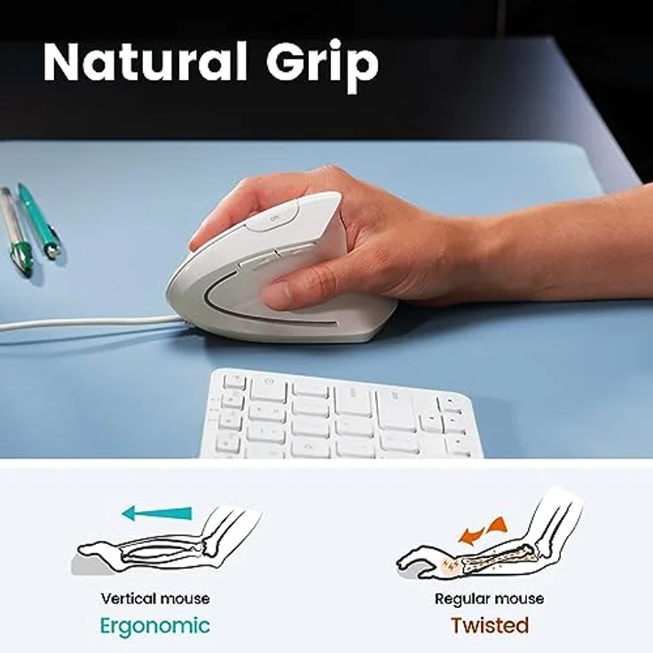 Perixx PERIMICE-513W Vertikale USB-Maus mit Kabel, Weiß – Ergonomisches Design, 1000/1600 DPI, Rechtshänder-Design – Bild 3