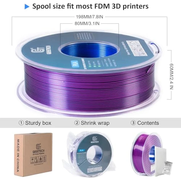 GEEETECH Silk PLA Filament 1,75mm, Tricolor Silk Blau Lila Schwarz, 1KG Spule für 3D-Druck, hochpräzise und verzugsfrei – Bild 4