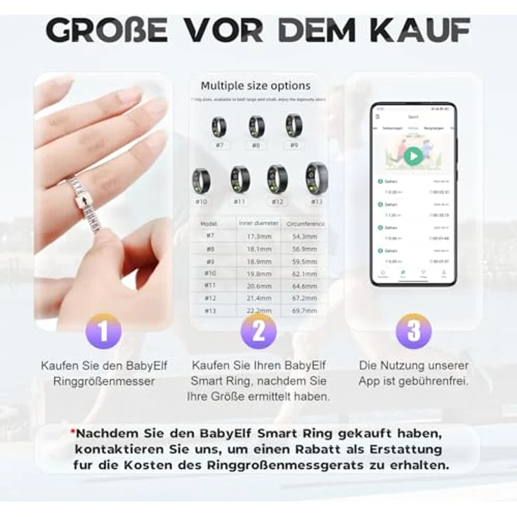 BabyElf Smart Ring - Fitness- und Gesundheits-Tracker - Schlaf-, Herzfrequenz- und Aktivitätsmonitor - Wasserdicht, Bluetooth 5.0 - Kompatibel mit iOS und Android (Schwarz Größe #13) – Bild 3