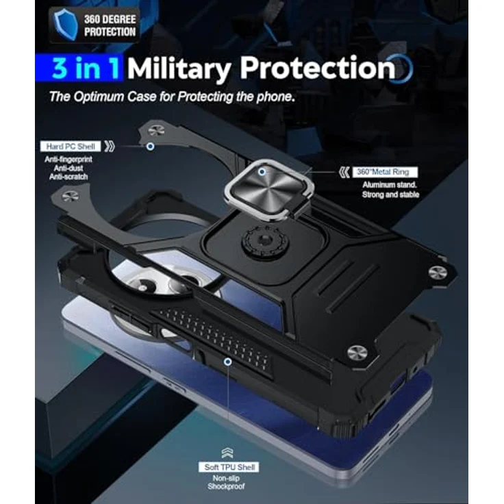 LeYi Handyhülle für Xiaomi Redmi 14C 4G/5G, Militärischer Ständer Schutzhülle mit 2*Schutzfolie & 2*Kamera Folie, 360° Metall Ring Halter, Stoßfest Hardcase, Schwarz – Bild 2