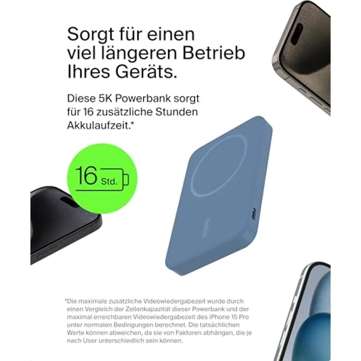 Belkin BoostCharge Pro 5000mAh kabellose Powerbank mit Qi2 und MagSafe, tragbares Ladegerät mit integriertem Ständer für iPhone 16, 15, 14, 13, 12 – Blau – Bild 3
