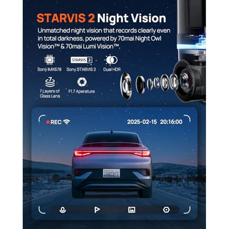 70mai 4K Omni X800 Dashcam mit 128 GB Speicherkarte, 360° drehbar (4K Ultra HD, WLAN, Starvis 2 IMX678, GPS & ADAS, Super Nachtsicht, f/1.7, App Steuerung) – Bild 4